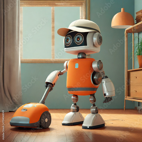 cute little orange futuristic vintage robot – vacuuming cleaning the house photo