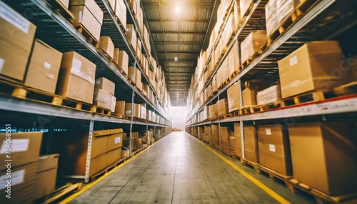 blurred warehouse space tall shelf storage warehouse package boxes supplies supply chain shipment goods distribution warehouse shipping logistics
