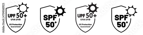 UPF SPF symbol Icon sign set vector collection in black and white flat shield to protect skin from heat, sun burn due to sunlight in summer for better health care. Anti uv ray radiation sticker web ui