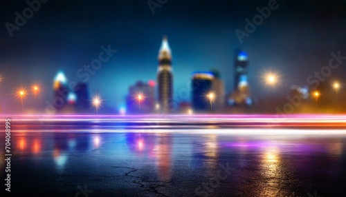light effect blurred background wet asphalt night view of the city neon reflections on the concrete floor night empty stage studio dark abstract background dark empty street night city © RichieS