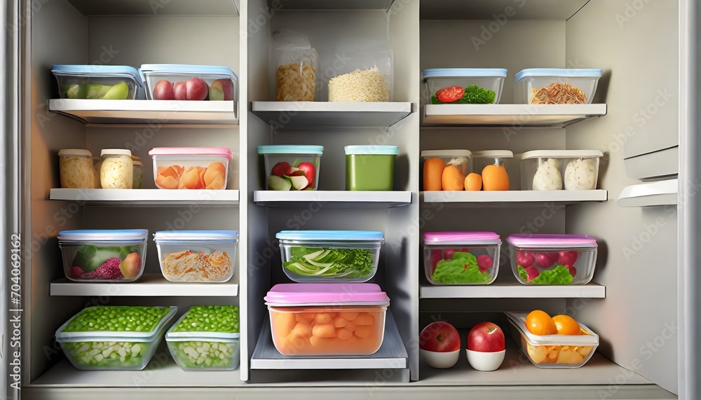 fridge filled with lunch boxes as part of healthy meal prep