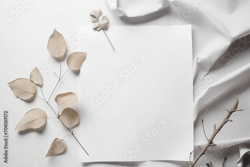 Graphic resources, hobbies and leisure concept. Top view of white blank sheet paper mockup with copy space placed on table and surrounded some plants or flowers