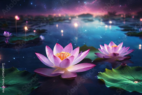 Neuron lotus oasis. Dreamy blooms illuminated by starlit nebulae sky  reflecting on tranquil waters. Surreal beauty in nature s embrace. 