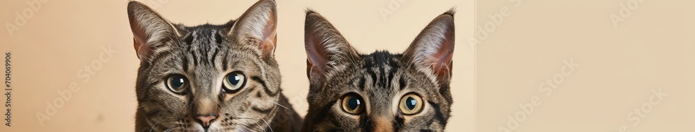 Obraz premium Two cats pose on a plain beige background