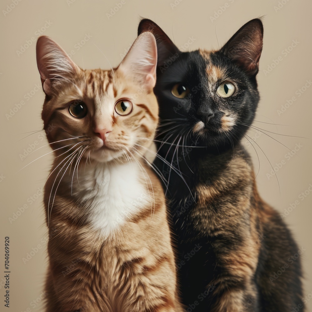 Two cats pose on a plain beige background