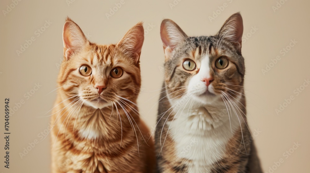 Two cats pose on a plain beige background Two cats pose on a plain beige background