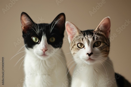 Two cats pose on a plain beige background