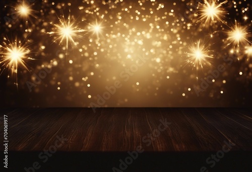 Abstract festive dark and gold background with fireworks stars and bokeh Holidays celebration