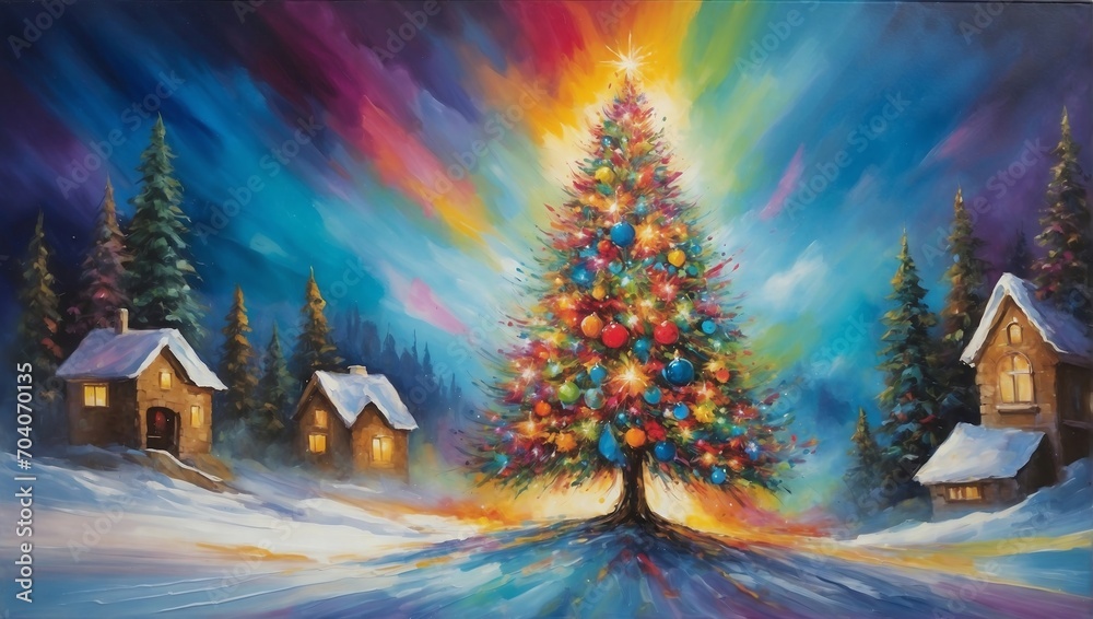 Fototapeta premium Oil painting Christmas tree artwork. Hand drawn oil painting. Christmas art background. Oil painting on canvas. Modern Contemporary art 
