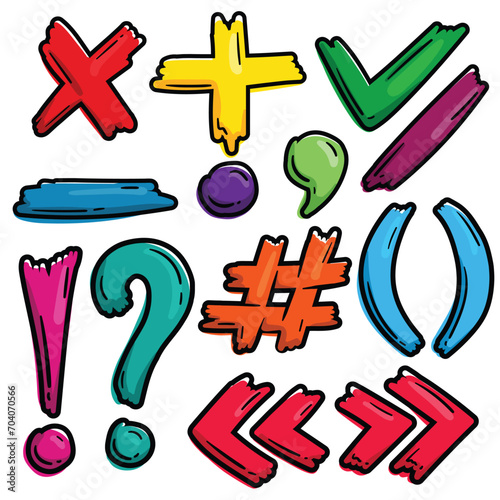 Set of bright cartoon punctuation marks and symbols, doodle, hand drawn, scribbles photo