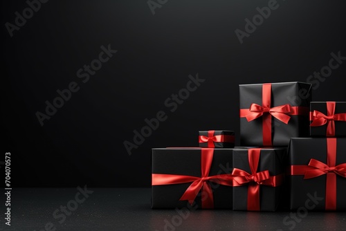 3D Black gift boxes with red ribbons on black background, Ai Generated