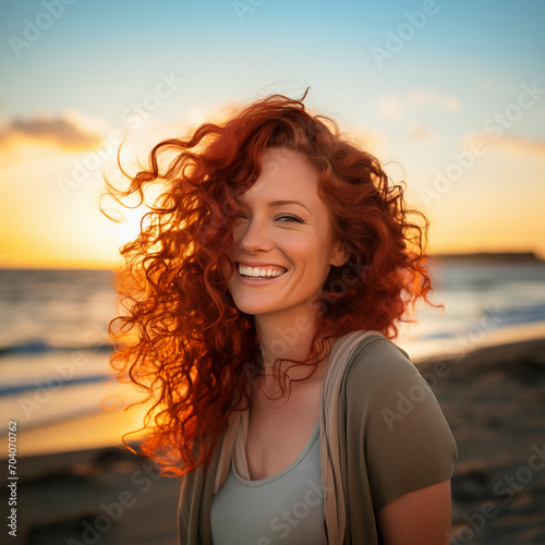 Young woman with long red curly hair smiles looking into camera. In background ocean with sunset. Concept of freedom and free time.Travel and holidays, people walking in tropical destination alone © simona