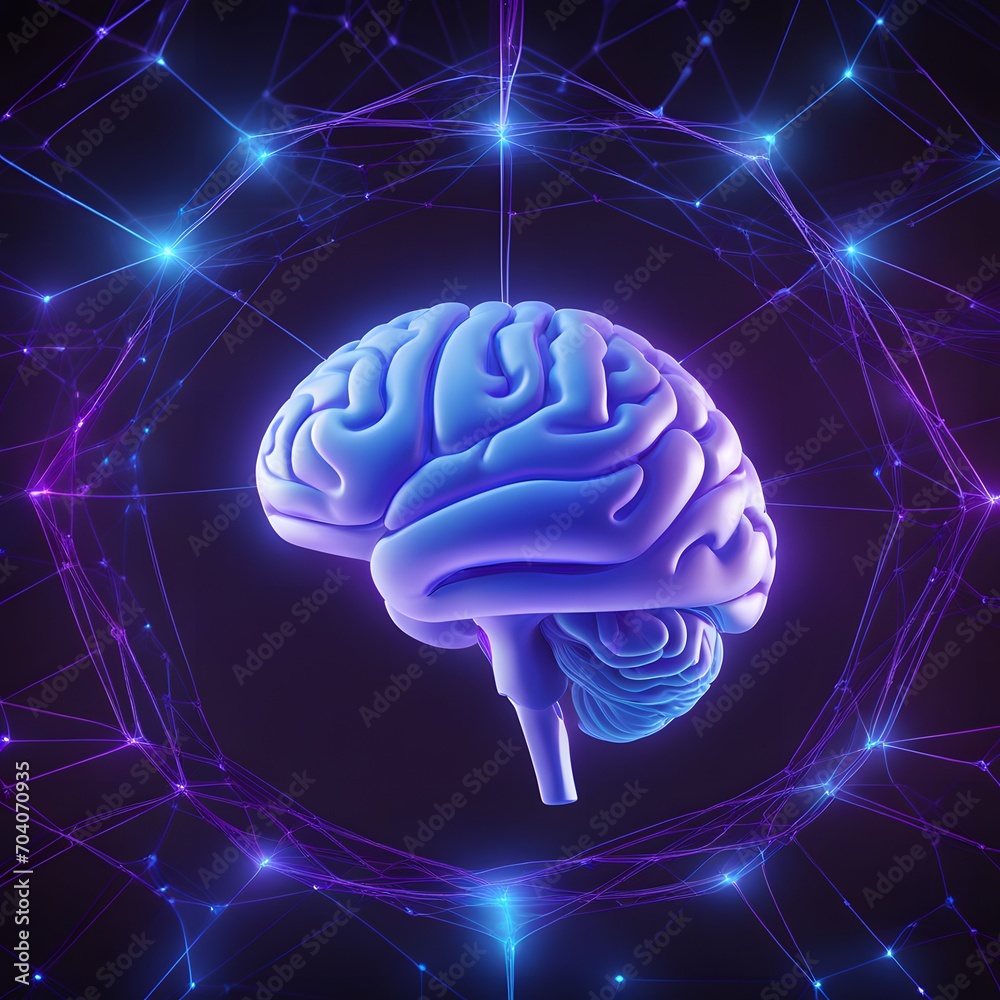 3d rendering of a human brain on a dark background with blue and purple lights. The brain is surrounded by a network of glowing lines. 3d rendering of a human brain on a dark background with blue and purple lights. The brain is surrounded by a network of glowing lines.