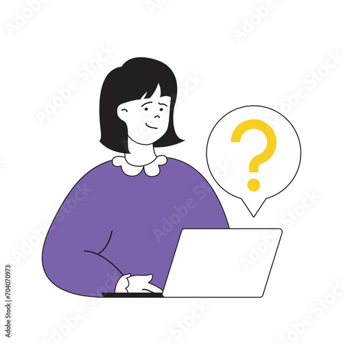 Contact us concept with cartoon people in flat design for web. Woman answering customer questions and chatting online at laptop. Vector illustration for social media banner, marketing material.