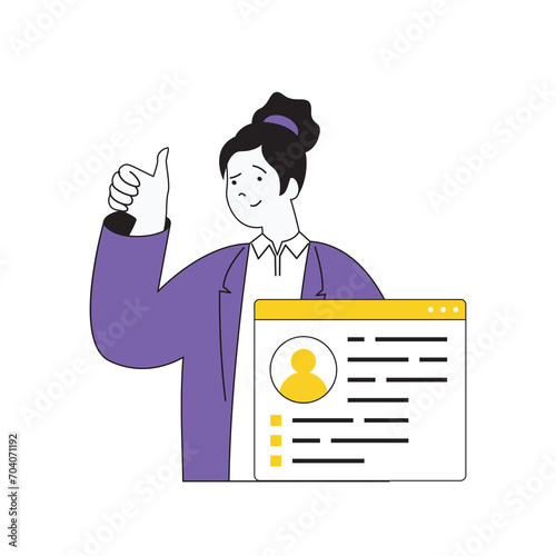 Contact us concept with cartoon people in flat design for web. Woman researching profile information, answering and finds solution. Vector illustration for social media banner, marketing material.
