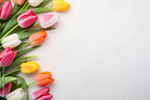 A border adorned with fresh spring tulips, for additional content. A beautiful frame of spring flowers,