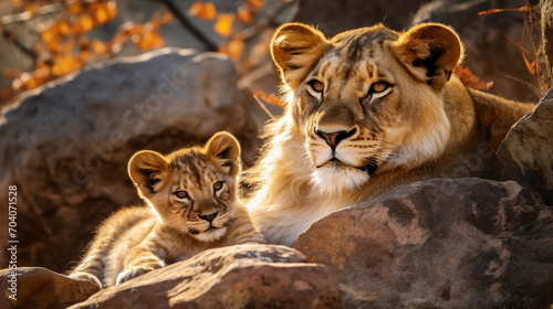 Lioness with cub are resting on the rocks  AI Generative.