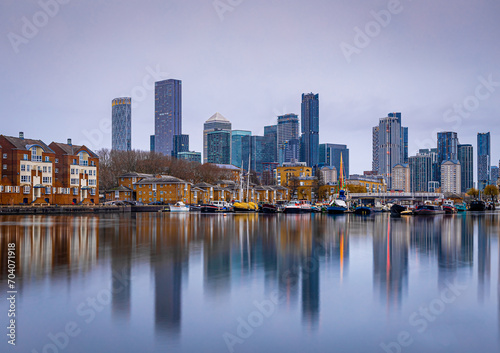 View of skyscrapers in London city as seen from Surrey docks  England