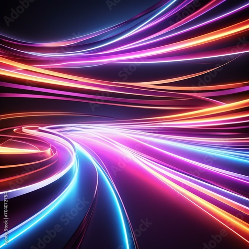 Vibrant neon abstract background with glowing fluorescent lines in a dark room, reflecting on the floor. Dynamic curvy ribbon, panoramic wallpaper, and digital energy transfer concept.