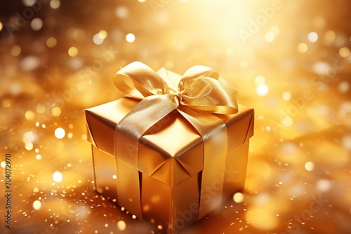 Gift box with golden bow on bokeh background, AI Generated