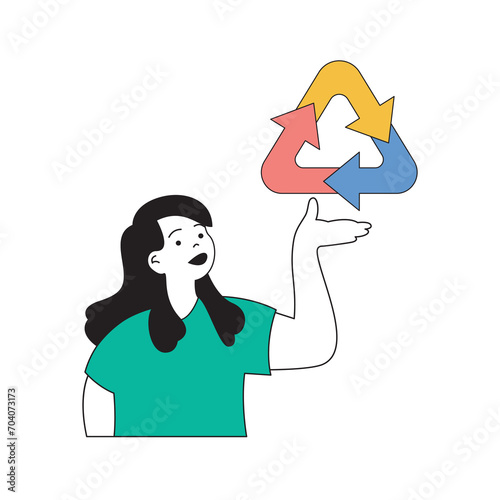 Ecology concept with cartoon people in flat design for web. Woman leads zero waste lifestyle, sorts garbage for recycling and reuse. Vector illustration for social media banner, marketing material.