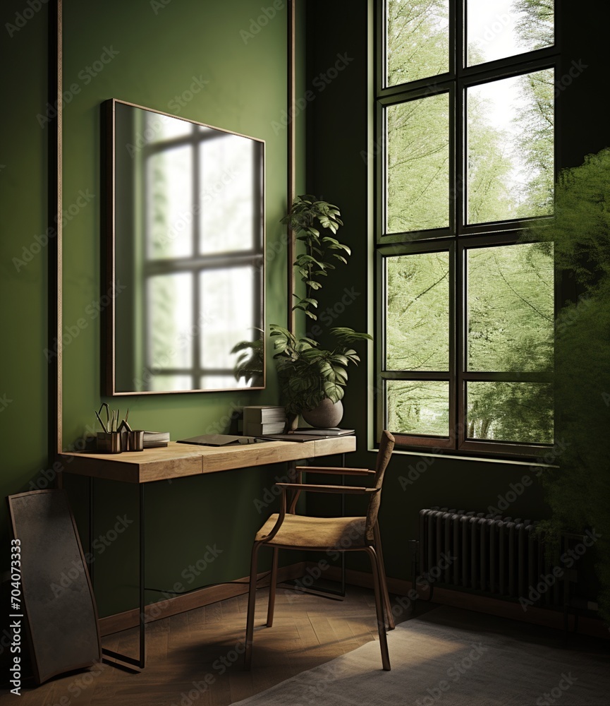Fototapeta premium Minimalist home office with a large window