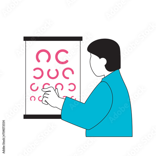 Medical concept with cartoon people in flat design for web. Man visits ophthalmologist or oculist to check and correct his vision. Vector illustration for social media banner, marketing material.