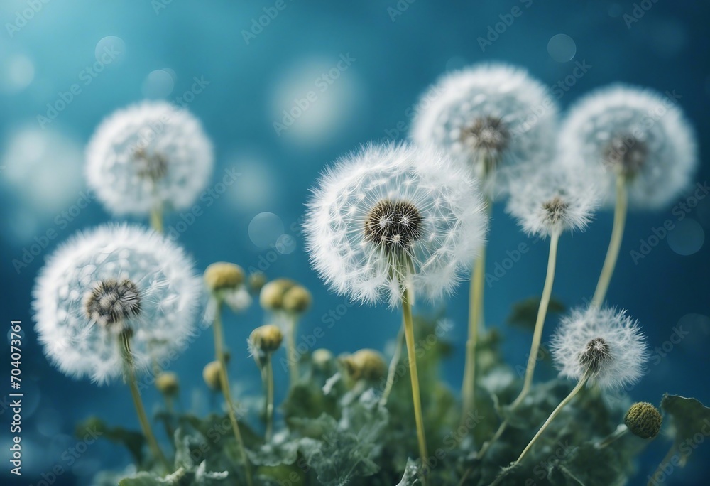Floral banner with dandelions and fluff on blue background copy space