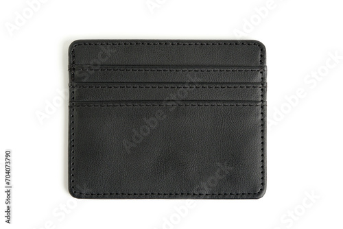 Black leather credit card holder on white background.