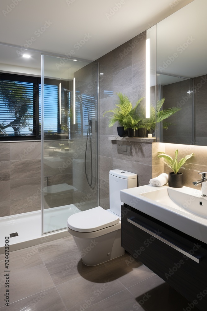 Fototapeta premium Modern bathroom interior with large shower and plants