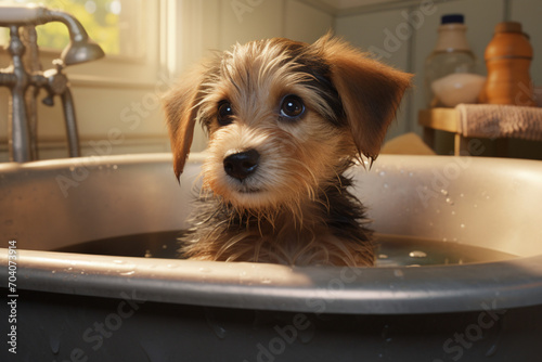 Cute puppy dog in bathtub, Generative AI