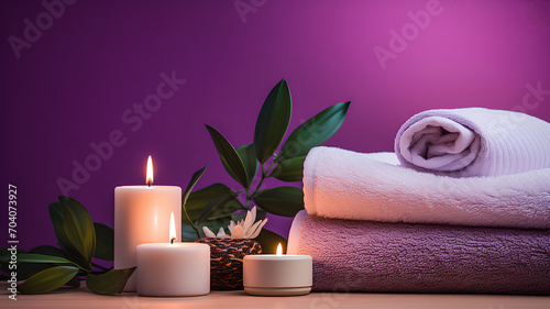 Warm spa atmosphere on a lilac background with folded towels  flowers and candles as decor. An atmosphere of relaxation  tranquility and pleasure.