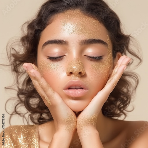 Portrait of beautiful young woman with golden makeup and sparkles on face