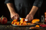 Cooking a national delicious pumpkin dish with the hands of a chef in a restaurant kitchen. Working environment on the kitchen table. Slicing pumpkin with a knife in the hand of a cook