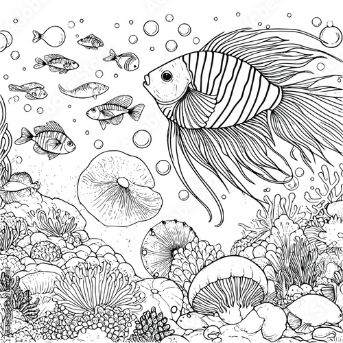 underwater world coloring book hand drawn. ocean life coloring page black and white vector illustration