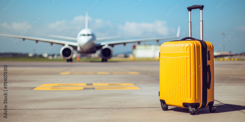 Yellow plastic travel suitcase on an airport runway with an airplane in the background. Summer vacation and tourism concept. Yellow plastic travel suitcase on an airport runway with an airplane in the background. Summer vacation and tourism concept.