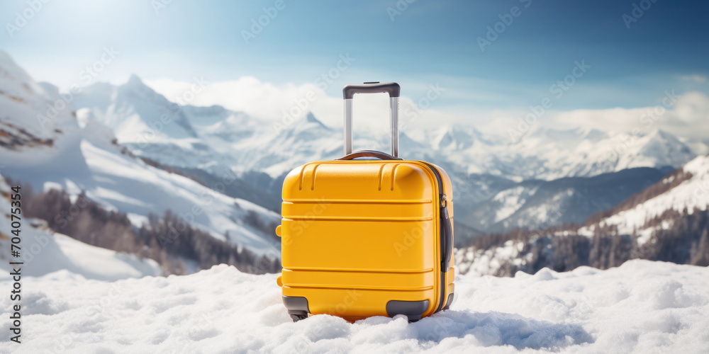 Hand luggage yellow plastic travel suitcase on the snow with snowy mountains on the background. Winter vacation and tourism poster concept. - obrazy, fototapety, plakaty 