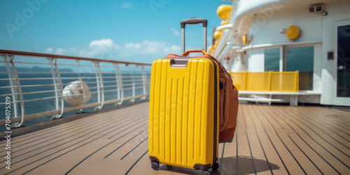 Yellow plastic travel suitcase on the deck of luxury cruise ship in the ocean. Summer vacation and tourism concept. photo
