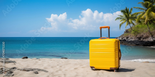 Yellow plastic travel suitcase on the sandy beach of a tropical island with the ocean in the background. Summer vacation and tourism poster concept. © OleksandrZastrozhnov