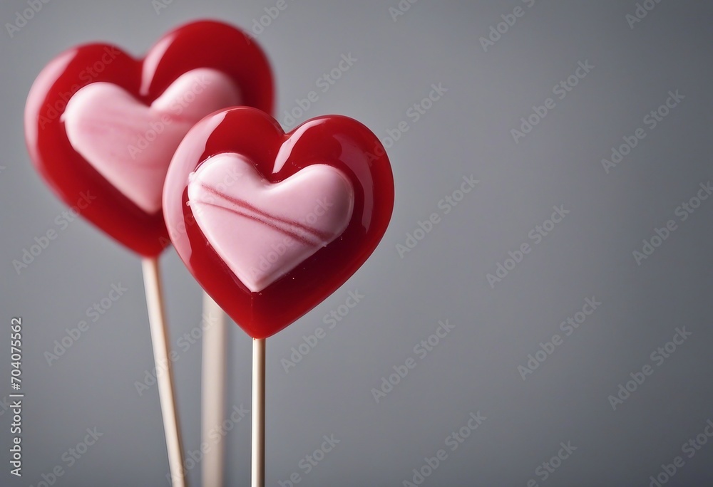 Heart shaped candy on a stick on gray background with copy space Valentines Day celebration Heart shaped candy on a stick on gray background with copy space Valentines Day celebration