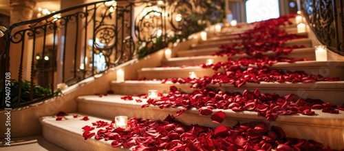 Wedding stairs adorned with rose petals.