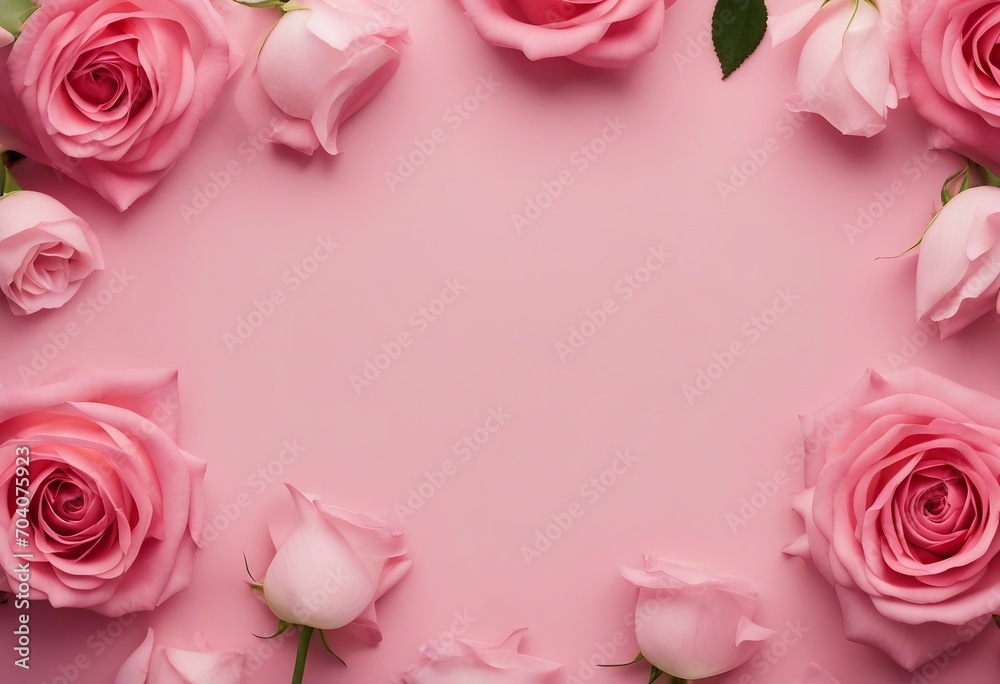 Light pink roses and petals on pink background with copy space top view Flower composition Light pink roses and petals on pink background with copy space top view Flower composition