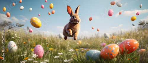 Easter bunny with easter eggs on a meadow