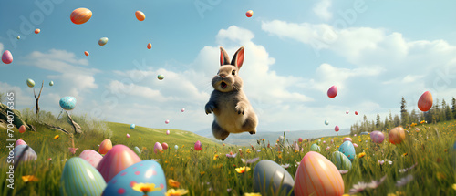 Easter eggs and bunny on a meadow