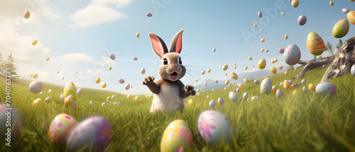 Easter bunny with easter eggs on a grass