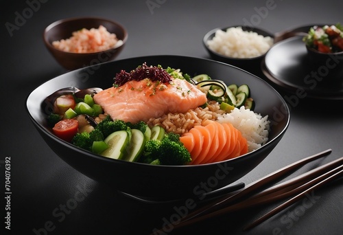 Poke bowl with salmon rice and vegetables with chopsticks on black background