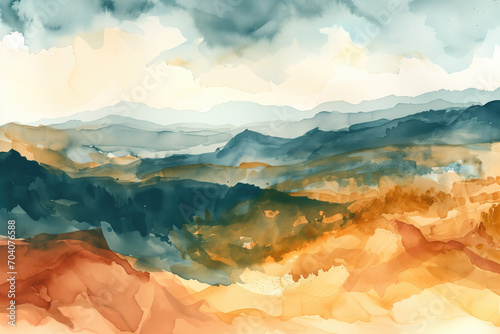 Watercolor landscape featuring a harmonious blend of warm amber tones and cool blues in a stratified mountain vista, perfect for a calming interior accent or a sophisticated gallery piece. High photo