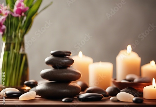 Spa background with massage stones exotic flower candles and copy space