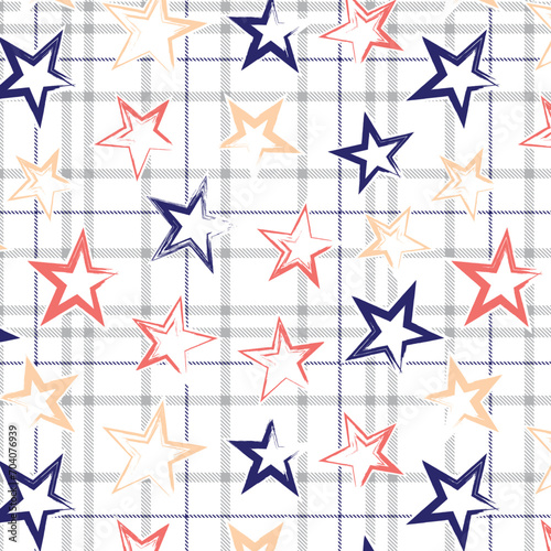 Weathered colorful stars on plaid pattern background
