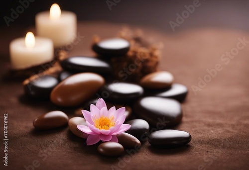 Spa brown background with massage stones exotic flower and copy space